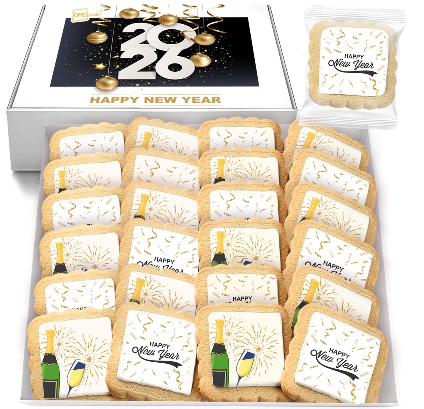 Happy New Year Cookies - Individually Wrapped 2026 Sugar Cookie Treats (24 Pack) for Party Favors
