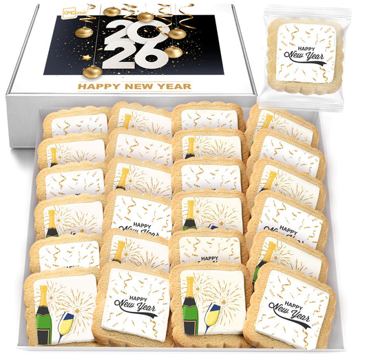 Happy New Year Cookies - Individually Wrapped 2026 Sugar Cookie Treats (24 Pack) for Party Favors