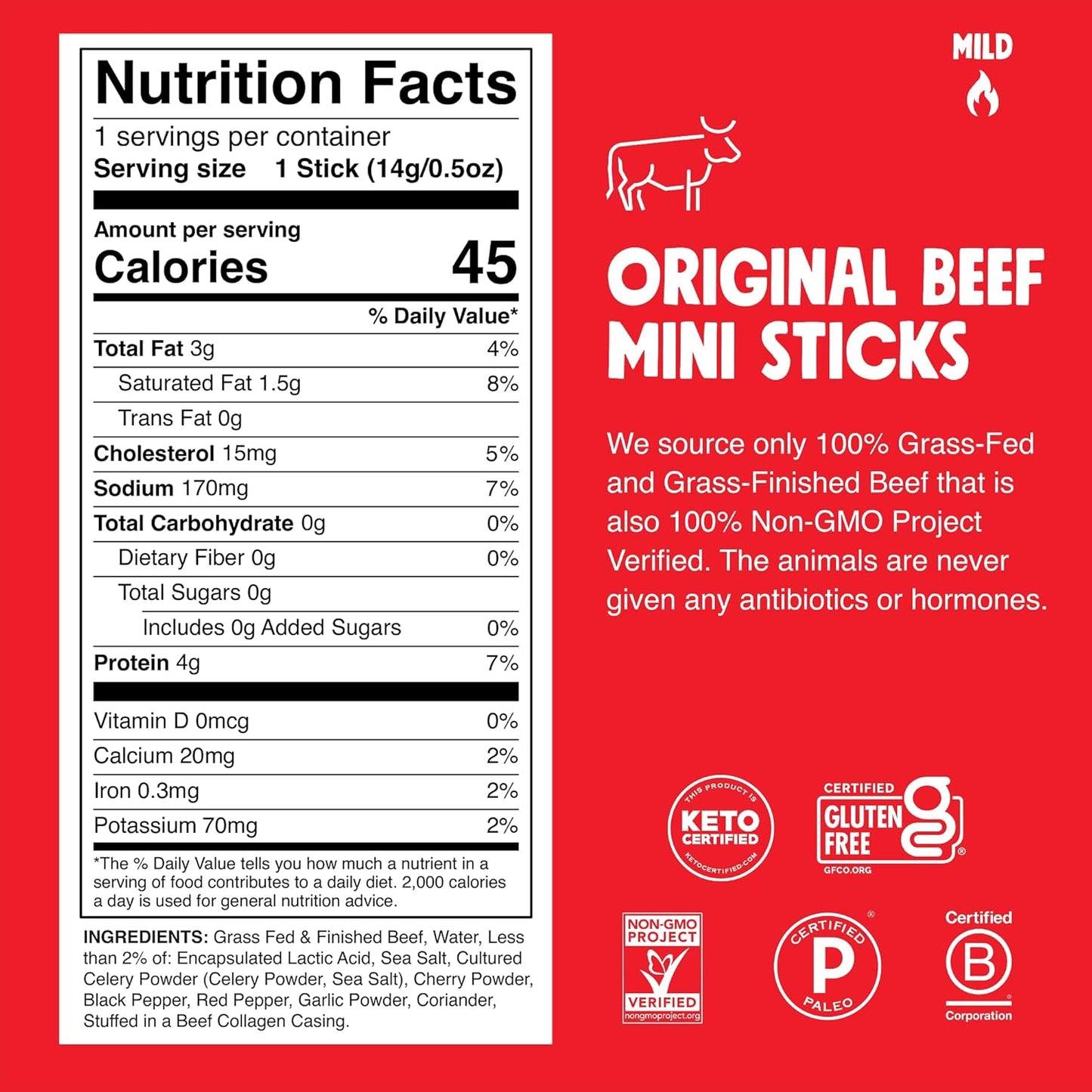 Snack Size Grass-Fed Original Beef Jerky Snack Sticks 0.5oz 24-Pack - Keto, Paleo, Whole30, 4g Lean Meat Protein, Gluten-Free, Zero Sugar Food, Non-GMO Chomplings