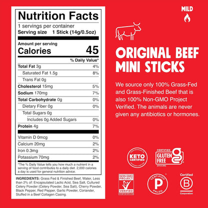 Snack Size Grass-Fed Original Beef Jerky Snack Sticks 0.5oz 24-Pack - Keto, Paleo, Whole30, 4g Lean Meat Protein, Gluten-Free, Zero Sugar Food, Non-GMO Chomplings