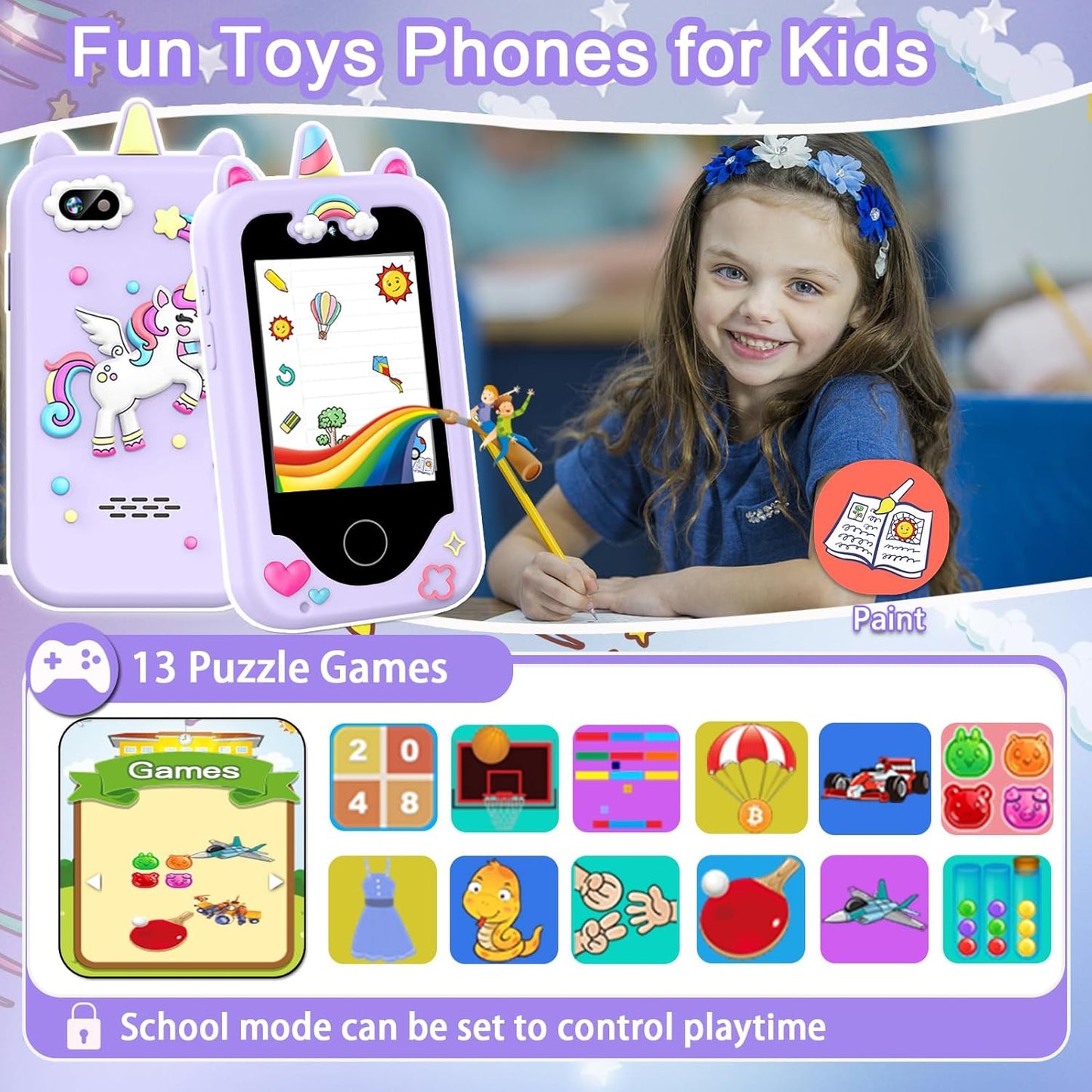 Kids Smart Phone for Girls – 2.8" Touchscreen Learning Toy with Dual Camera, Games & Music (Purple)