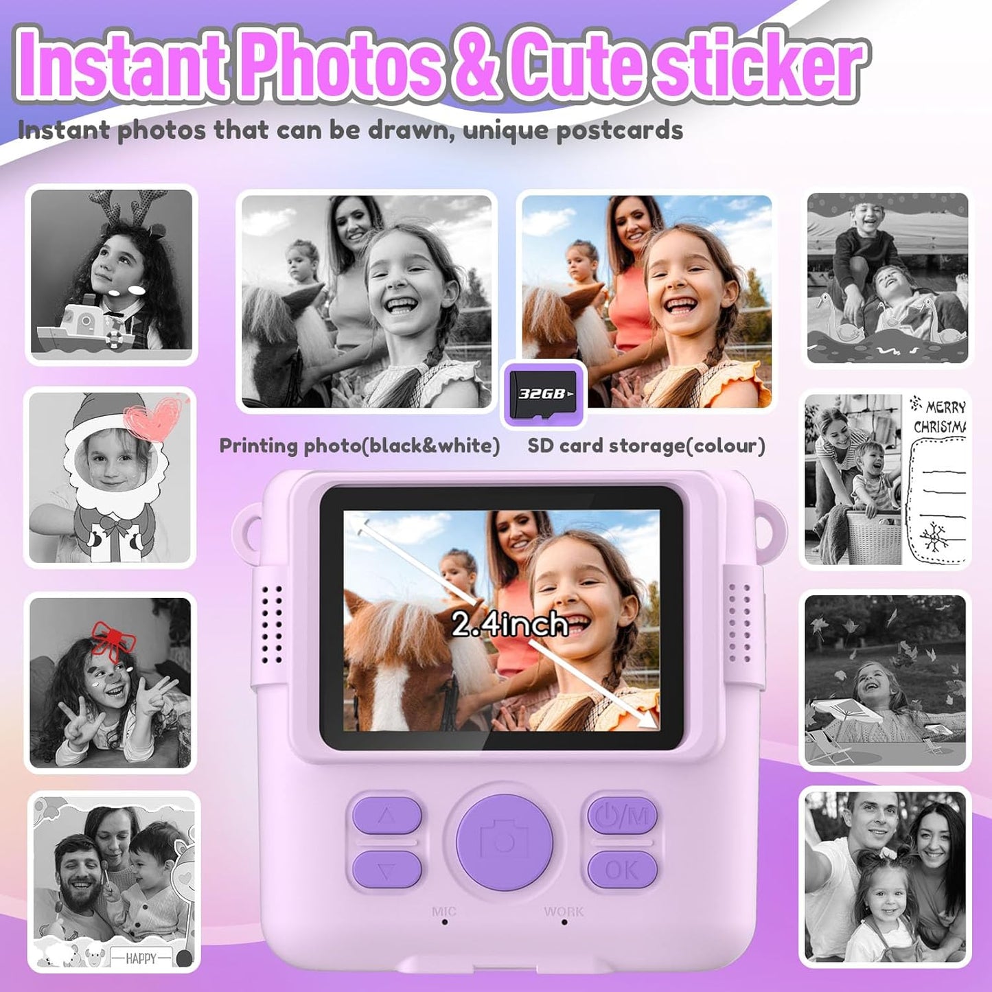 Kids Instant Print Camera – Digital Toy Camera with 32GB SD Card (Purple), Great Gift for Ages 3–12