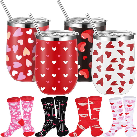 12 oz Heart Print Tumbler Cups and Heart Socks Stainless Steel with Lids Straw Brush Socks