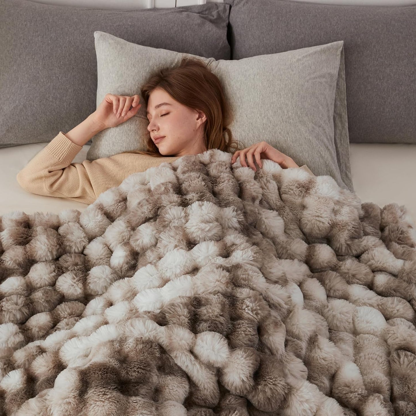 Faux Fur Throw Blanket – Soft Plush Rabbit Fur Bubble Blanket for Couch or Sofa (Tie Dye Brown, 50x60")