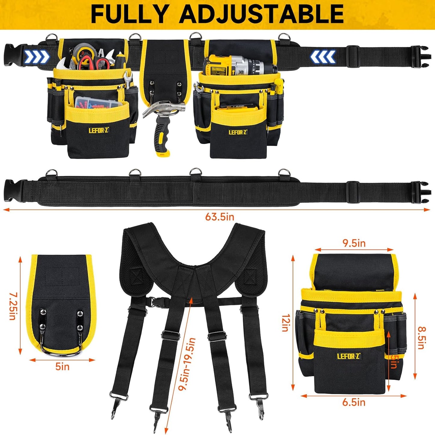 Tool Belt with Suspenders for Men–27 Pocket Heavy-Duty Adjustable Work Belt for Electrician, Carpenter & Construction