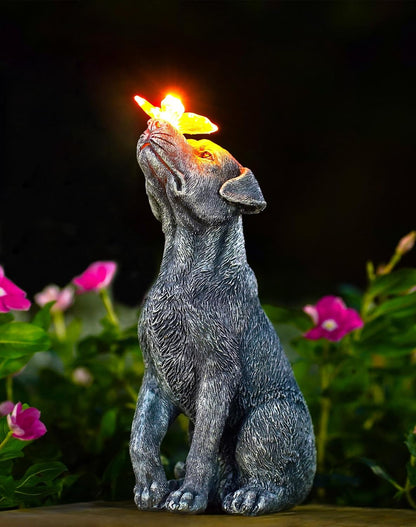 Dog Statue with Solar Butterfly – Beautiful Outdoor Garden Décor Gift for Mom or Dad
