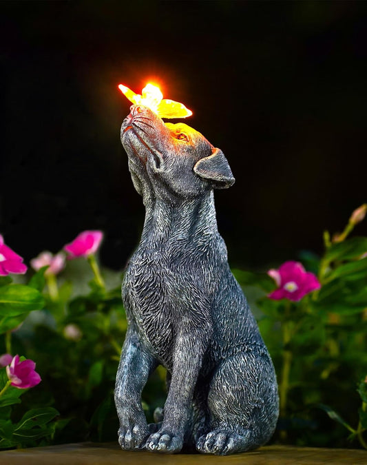 Dog Statue with Solar Butterfly – Beautiful Outdoor Garden Décor Gift for Mom or Dad
