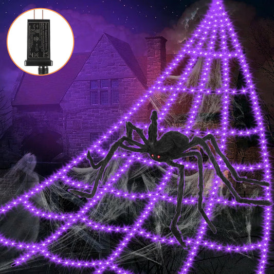 16.4 FT Halloween Spider Web Lights with Spider – 550 LED Waterproof Outdoor Yard Decoration with 8 Lighting Modes & Memory Function