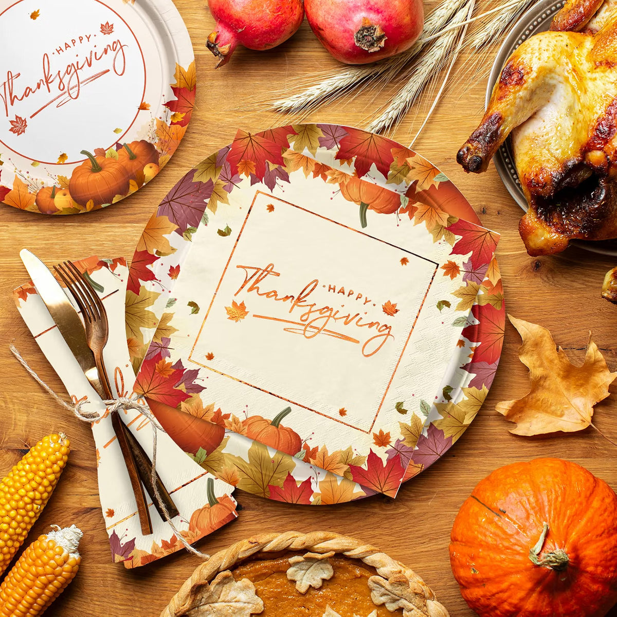 Thanksgiving Tableware Set for 25 – Maple Leaf Paper Plates, Napkins, Cups & Plastic Tablecloth for Fall Dinner Parties