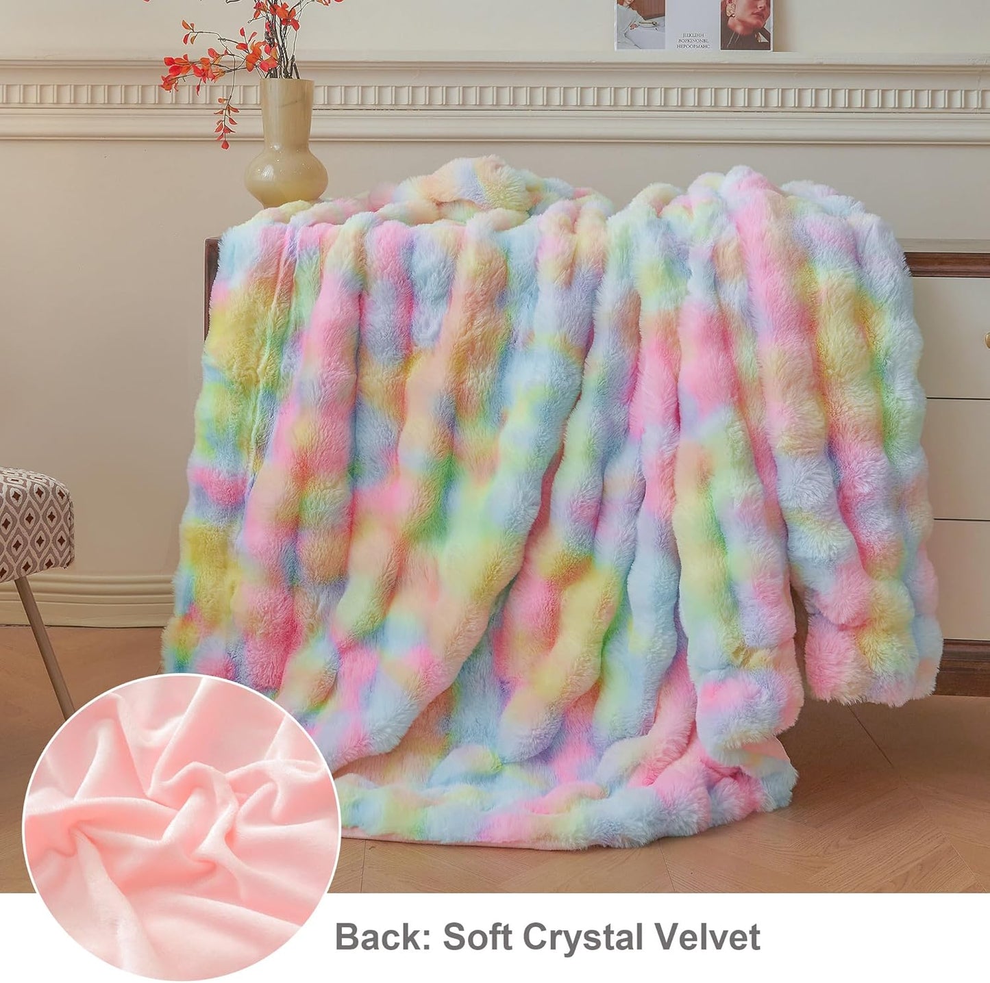 Fluffy Faux Rabbit Fur Bubble Throw – Rainbow Plush Shaggy Blanket (50" x 60")
