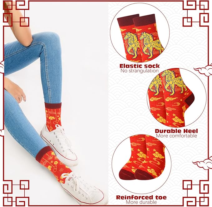 12 Pairs Chinese New Year Horse Socks 2026 - Red Fortune Cotton Socks for Men and Women