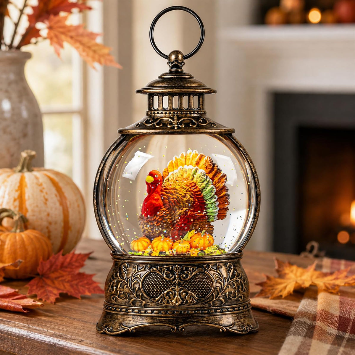 Fall Snow Globe Lantern – Lighted Glitter Water Lantern with Turkey in Pumpkin for Thanksgiving & Autumn Décor