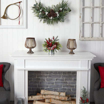 12in Holiday Table Arrangement with Pinecones, Berries, and Plaid Bow