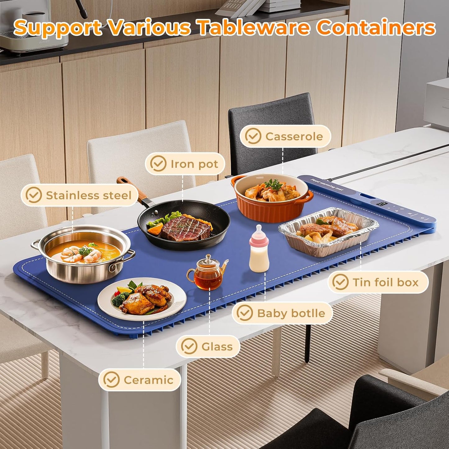 Extra-Large Food Warming Mat – 32" x 15" Electric Silicone Buffet Warmer (Blue)
