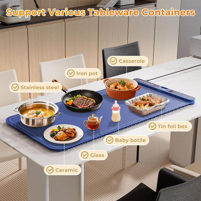 Extra-Large Food Warming Mat – 32" x 15" Electric Silicone Buffet Warmer (Blue)