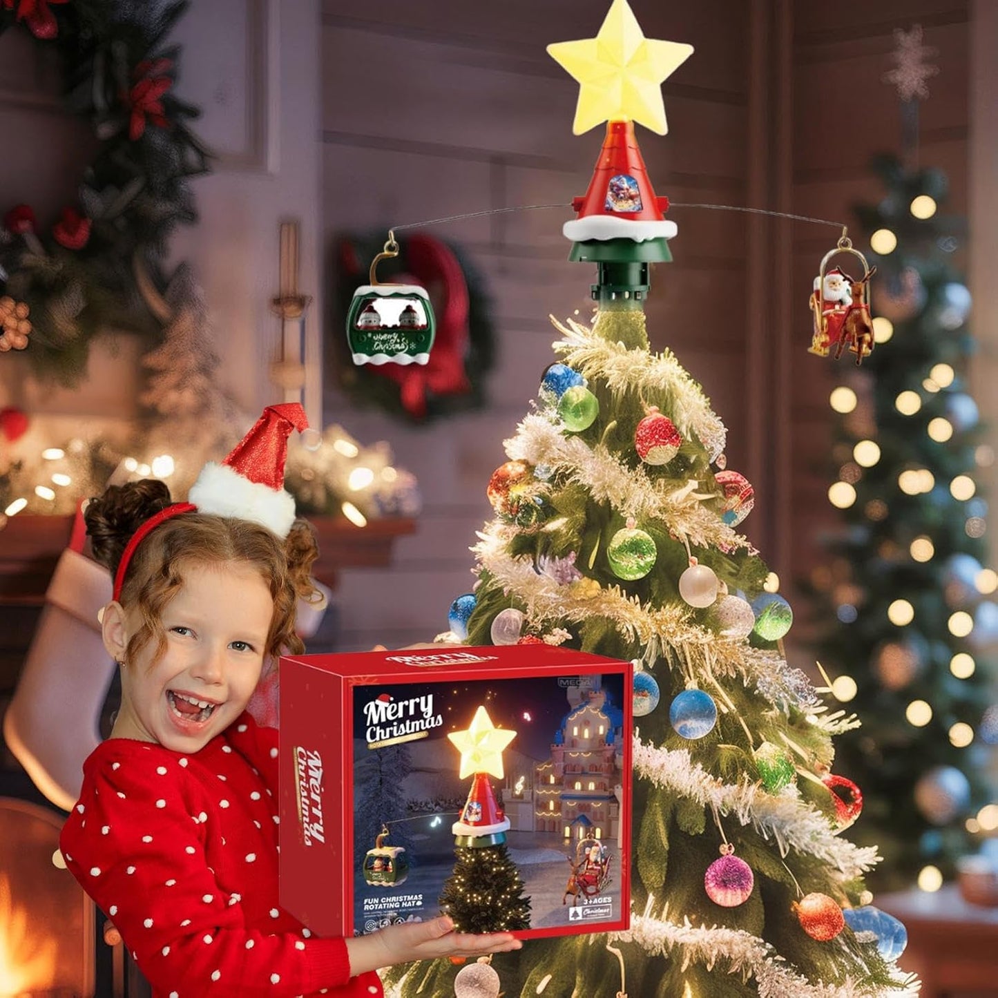 Electric-Rotating Star Christmas Tree Topper Ornament, with Led Star Santa Claus and Reindeer Sleigh