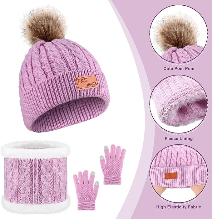 2-Set Toddler Winter Hat, Scarf & Gloves – Warm Knit Set for Girls & Boys (Ages 1–10, Purple/Pink)