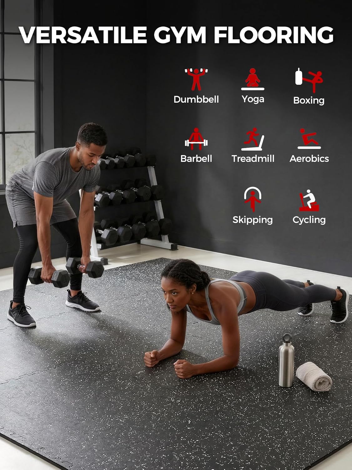 0.79" Extra-Thick Exercise Mats – 48 Sq Ft Interlocking Rubber & EVA Foam Gym Flooring Tiles – Black & White