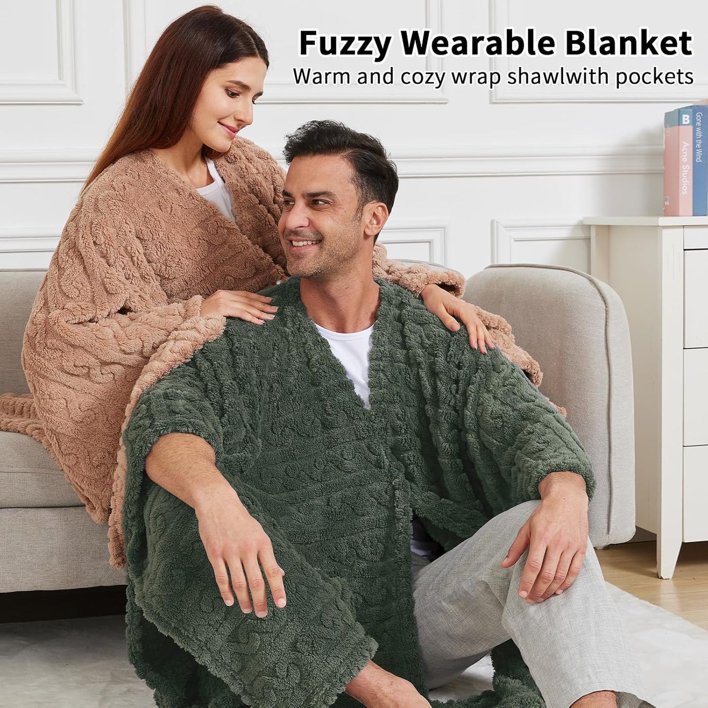 Wearable Blanket Poncho – Cozy Sherpa Fleece Shawl with Pockets (Green, 58" x 64")