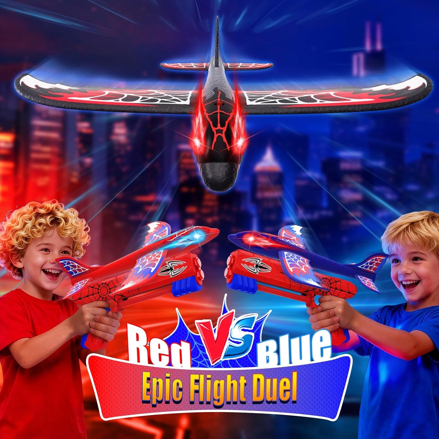 3-Pack Airplane Launcher Toy – Glowing Eyes & Web-Pattern Wings | 2 Flight Modes for Outdoor Fun, Perfect for Kids Ages 3-12 – Great Birthday Gift (Red, Blue & Black)