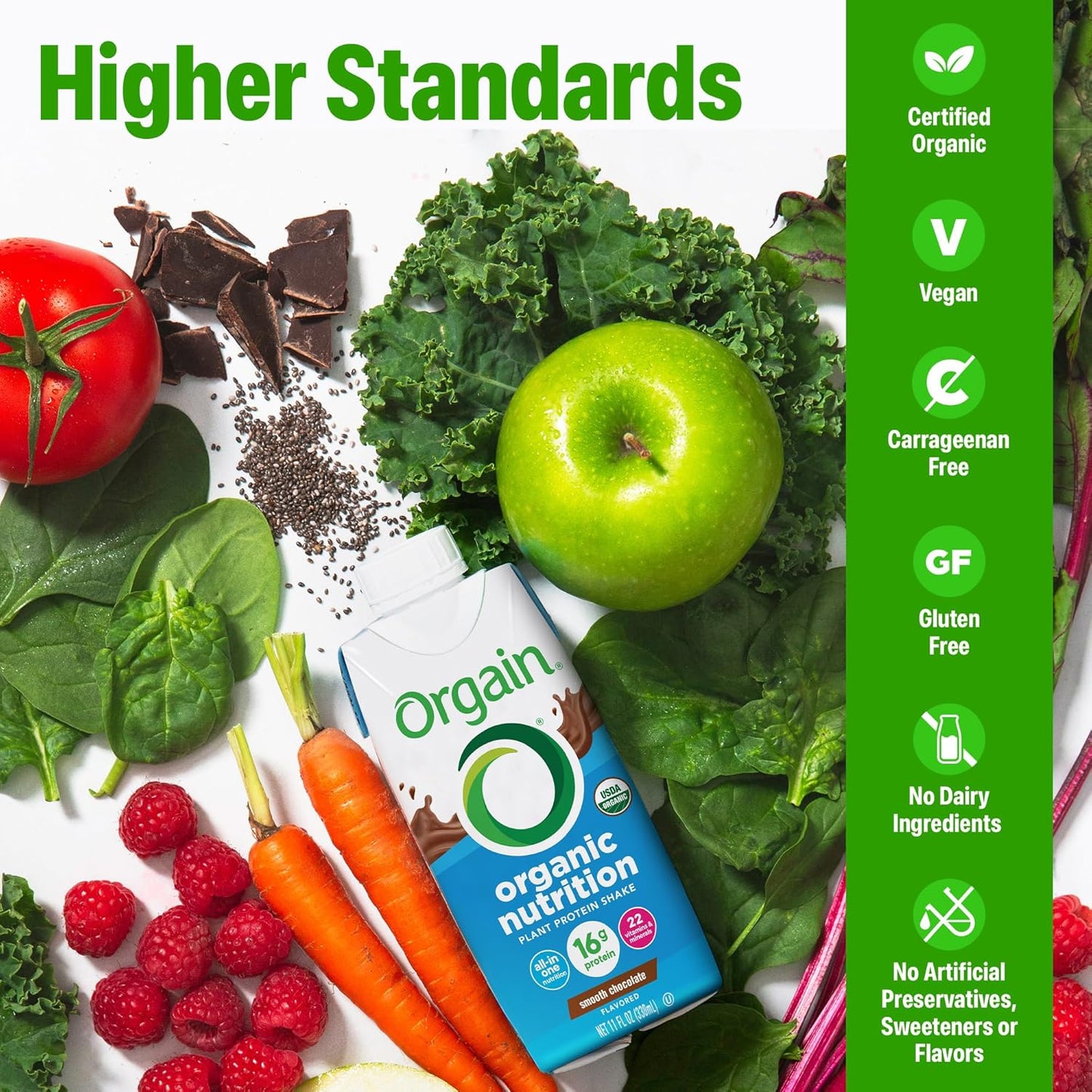 Orgain Organic Vegan Protein Shake – Smooth Chocolate, 16g Plant Protein – 11 fl oz (Pack of 12)