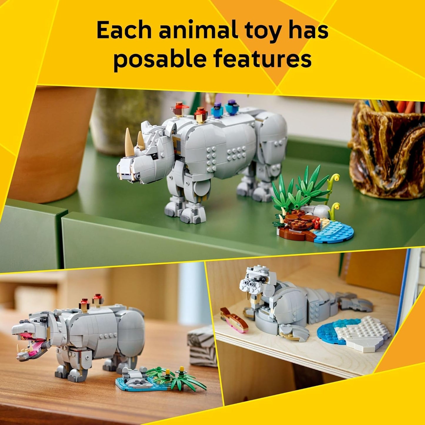 3-in-1 Wild Animals Rhino Building Toy for Ages 9+