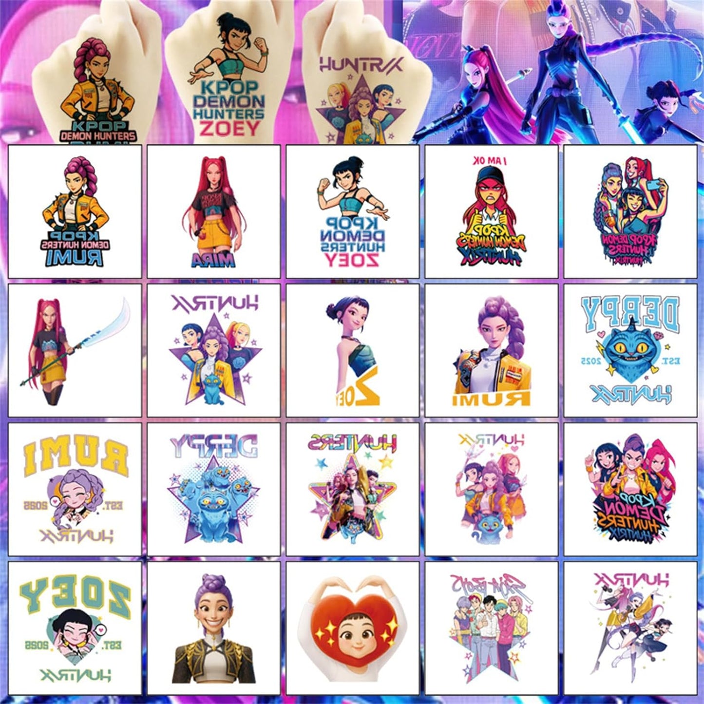 Demon Movie Hunter Temporary Tattoos (20 PCS) – Cartoon Party Favors for Teens & Adults