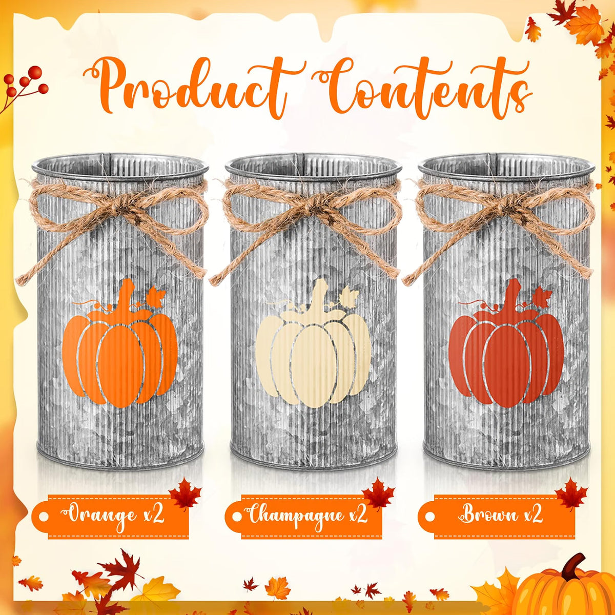 6-Piece Fall Pumpkin Vase Centerpieces – Galvanized Metal Farmhouse Jars for Thanksgiving & Autumn Harvest Décor