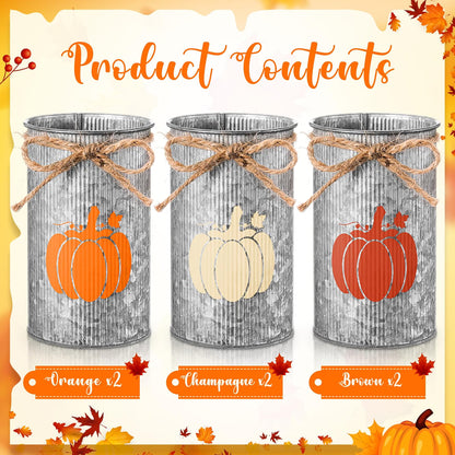 6-Piece Fall Pumpkin Vase Centerpieces – Galvanized Metal Farmhouse Jars for Thanksgiving & Autumn Harvest Décor