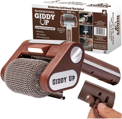Giddy Up Grill Cleaner – Cordless, Rechargeable BBQ Tool with 350 RPM Stainless Roller, LED Light