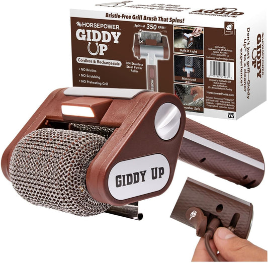 Giddy Up Grill Cleaner – Cordless, Rechargeable BBQ Tool with 350 RPM Stainless Roller, LED Light