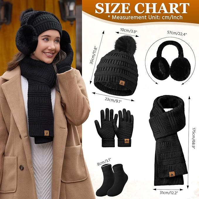 Womens Winter Beanie Hat Scarf Gloves Set Fleece Hat Long Scarf Neck Warmer Ear muffs Fuzzy Socks 5 in 1 Knit Sets