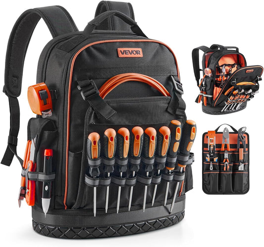 64 Pocket Heavy-Duty Tool Backpack – Jobsite Organizer Bag with Laptop Compartment & Molded Base for Electricians & HVAC Techs