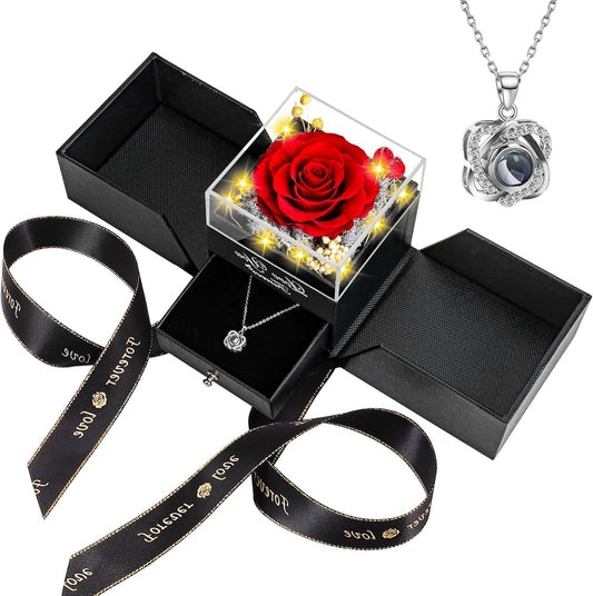 Preserved Red Real Rose with Heart I Love You Necklace, Romantic Gift for Women