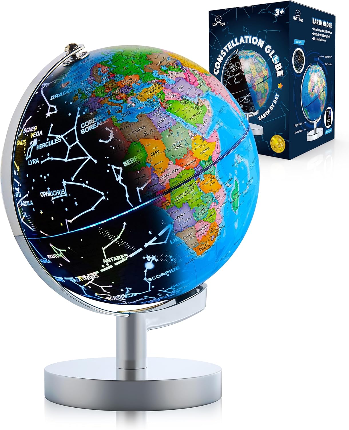 3in1 Illuminated STEM Globes for Adults and Kids with Stand, Built-in LED Night Light