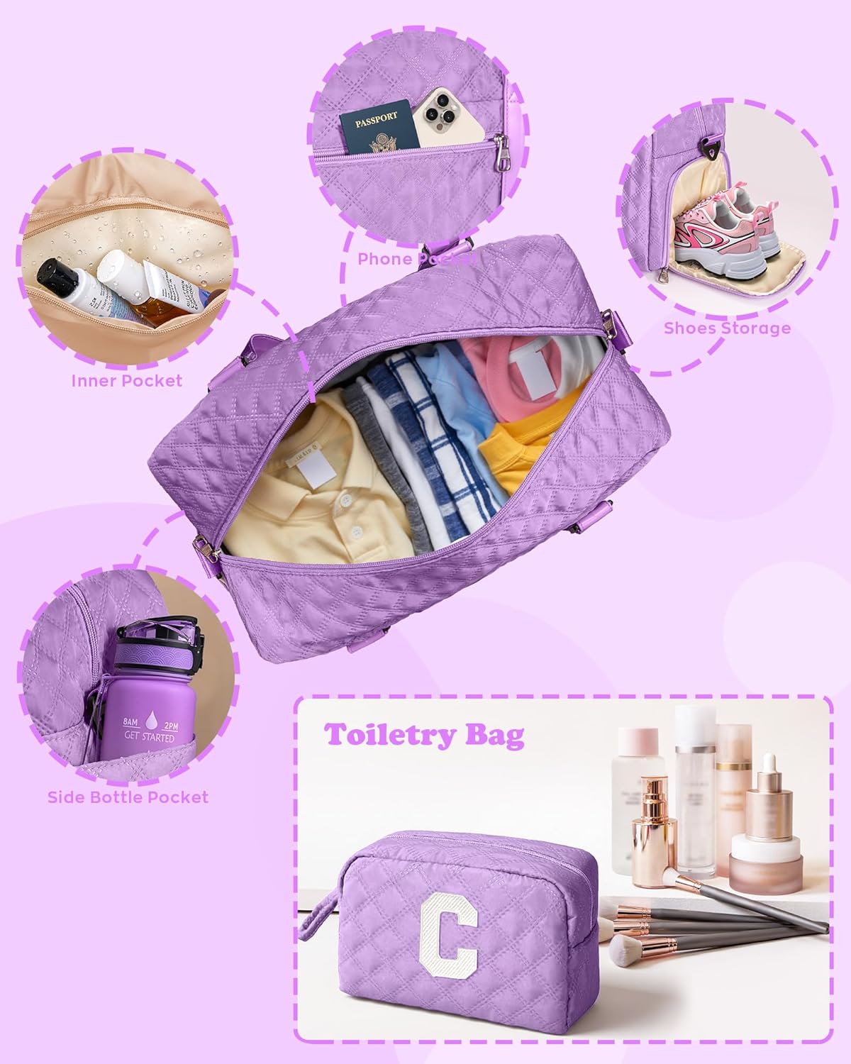 Initial Weekender Duffle Bag – Personalized Travel & Gym Bag (Purple, Letter A)