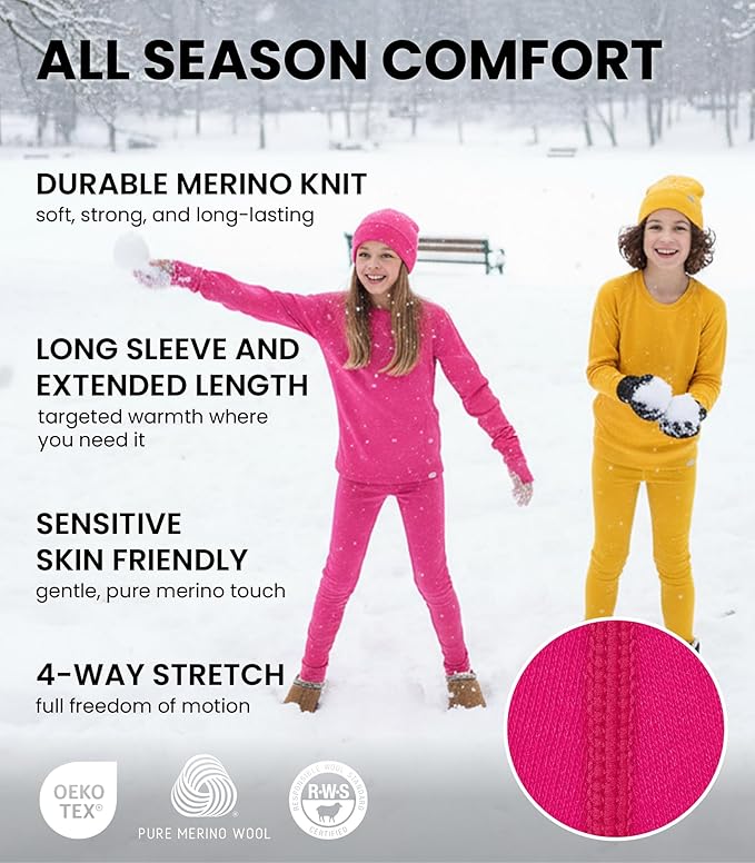 Kids’ Merino Wool Base Layer Set – Midweight Thermal Top, Bottom & Beanie (Medium)