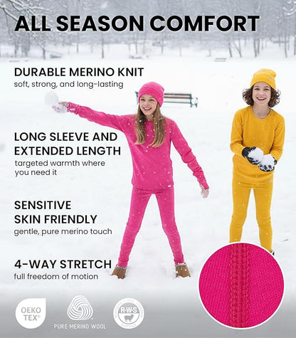 Kids’ Merino Wool Base Layer Set – Midweight Thermal Top, Bottom & Beanie (Medium)