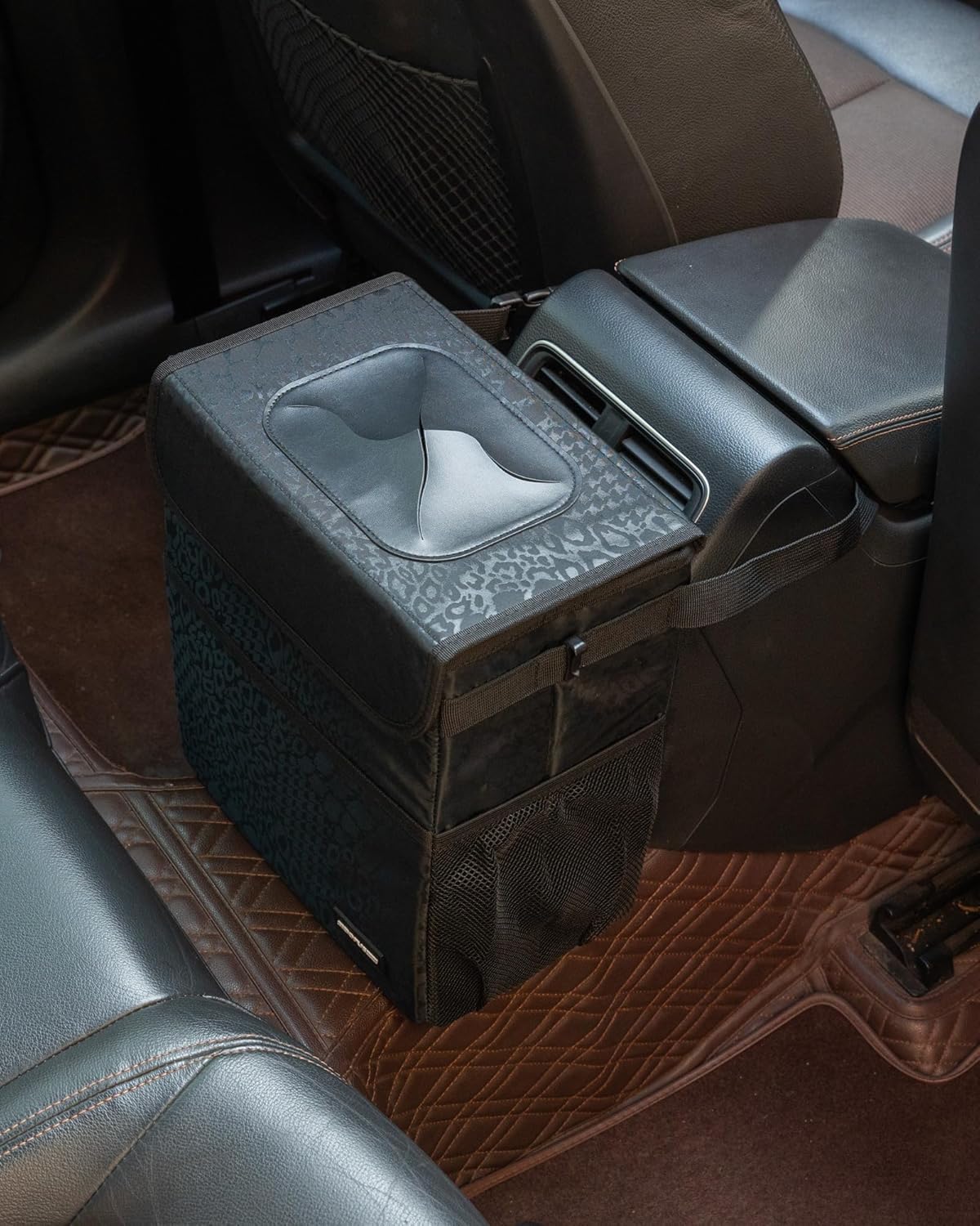 3 Gallon Car Trash Can – Leakproof Waterproof Car Organizer with Pockets & Adjustable Straps – Black Leopard