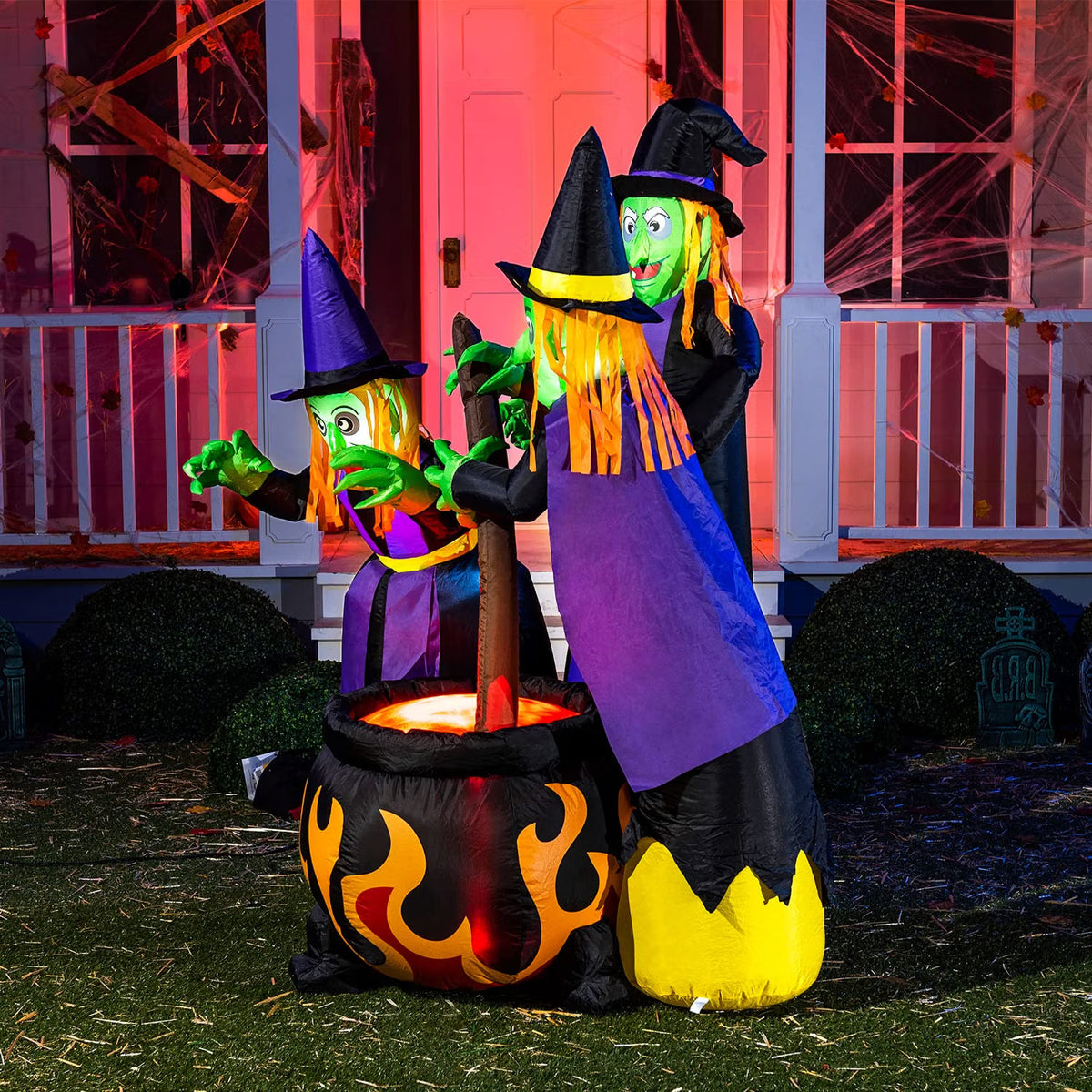 6 FT Halloween Inflatable Witches & Cauldron – Flame Light LED Blow-Up Decoration for Indoor & Outdoor Yard, Lawn & Party Décor