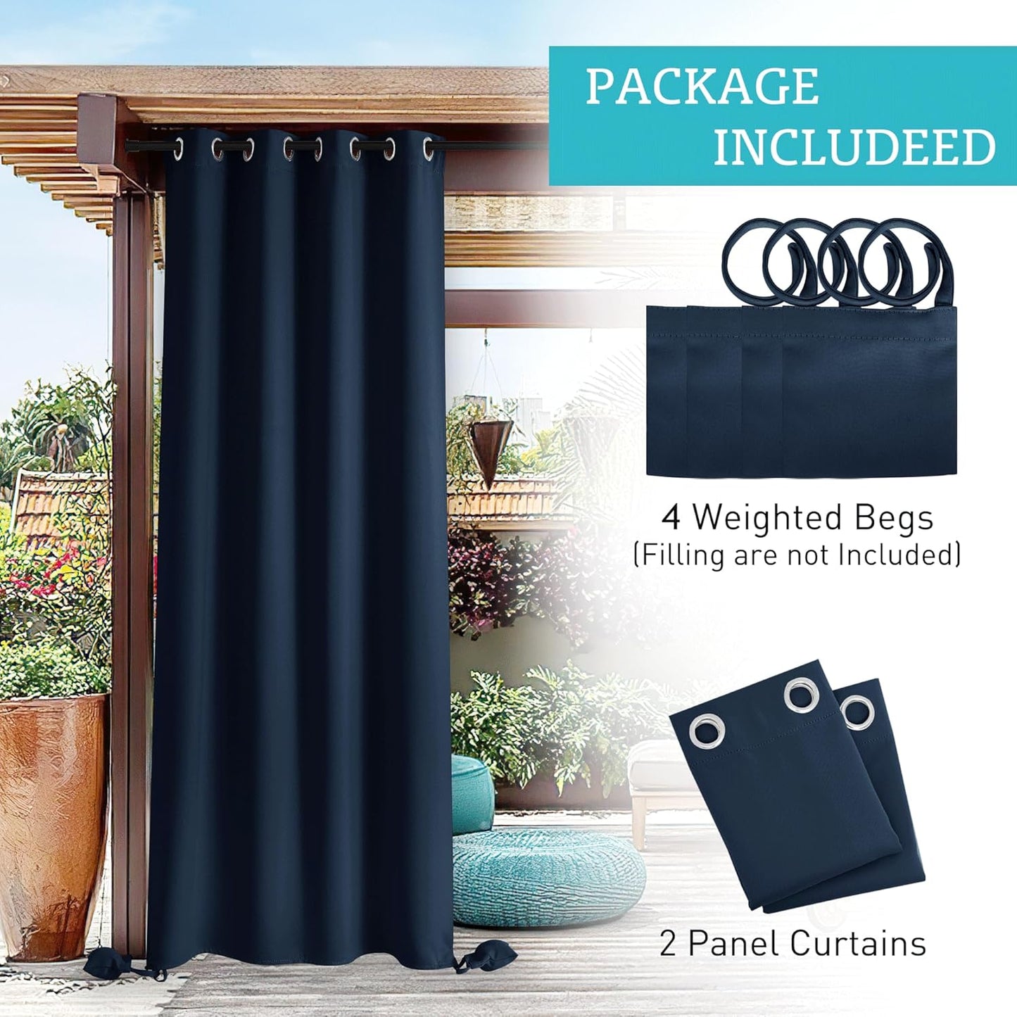Outdoor Curtains Windproof Waterproof Blackout Curtain with Weight Bag, Privacy Insulated Drapes