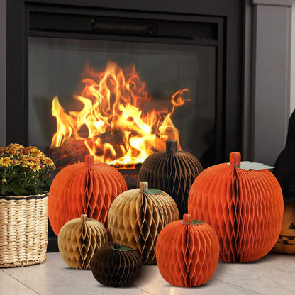 7-Piece Pumpkin Honeycomb Centerpiece Set – 3D Paper Fall Decorations for Thanksgiving & Autumn Table Décor