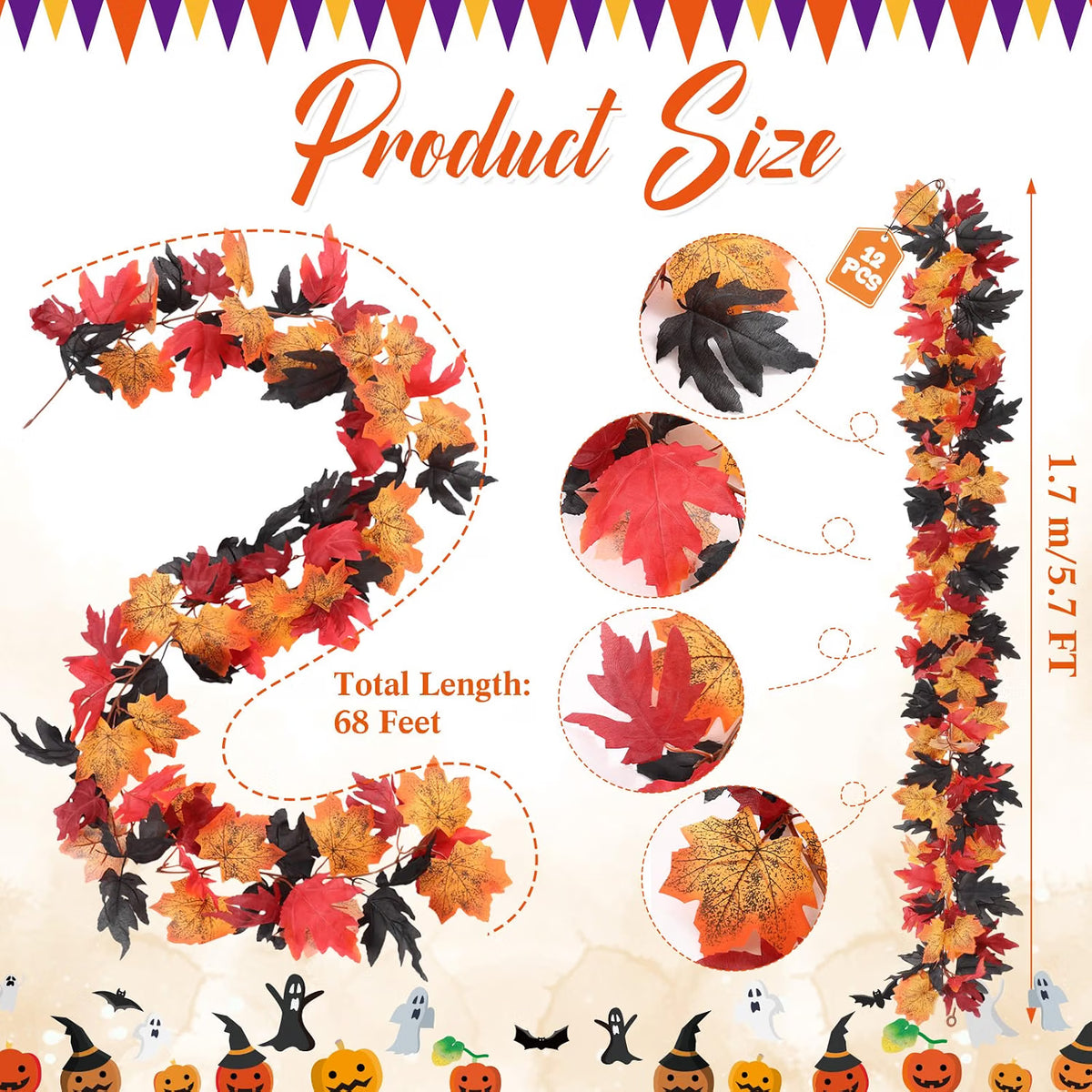 12-Pack Fall Leaf Garland – 5.7 FT Black & Red Autumn Hanging Vines for Thanksgiving & Harvest Décor