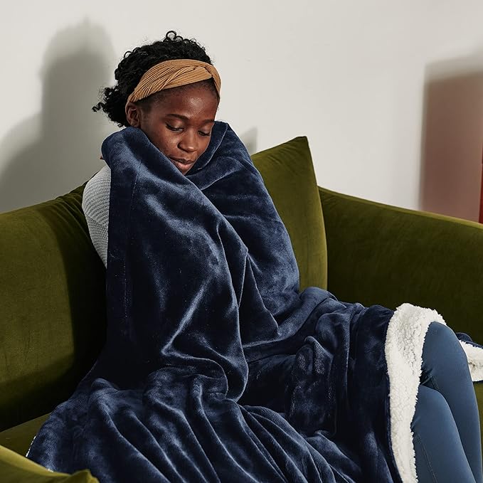 GentleSoft Sherpa Fleece Throw Blanket – Thick, Warm & Plush (Navy, 50x60")
