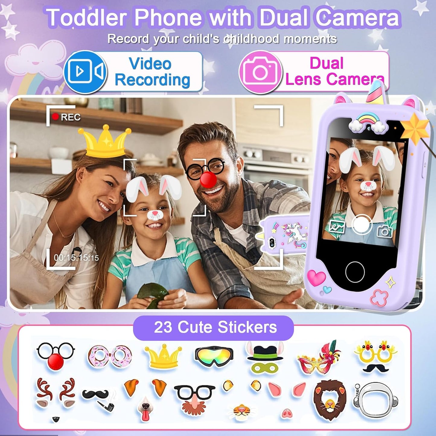 Kids Smart Phone for Girls – 2.8" Touchscreen Learning Toy with Dual Camera, Games & Music (Purple)