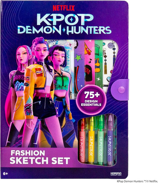 Kpop Demon Hunters Fashion Sketch Set – Coloring Book, Gel Pens, Stickers & Stencils Art Kit for Girls Ages 6–8