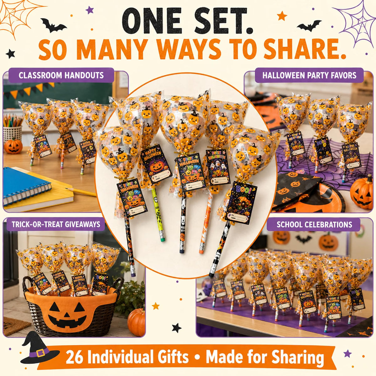 26-Pack Halloween Party Favors for Kids – Lollipop-Shaped Stationery Gift Set with Pencils, Erasers, Tattoos, Bracelets & Cards