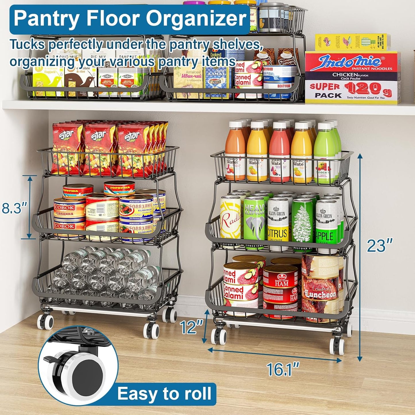 3-Tier Rolling Pantry Organizer Cart – Stackable Wire Baskets for Kitchen, Fruit & Snack Storage with Wheels