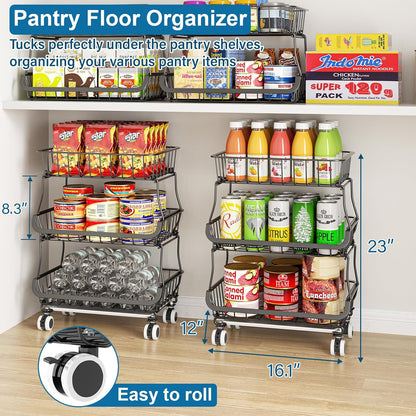 3-Tier Rolling Pantry Organizer Cart – Stackable Wire Baskets for Kitchen, Fruit & Snack Storage with Wheels