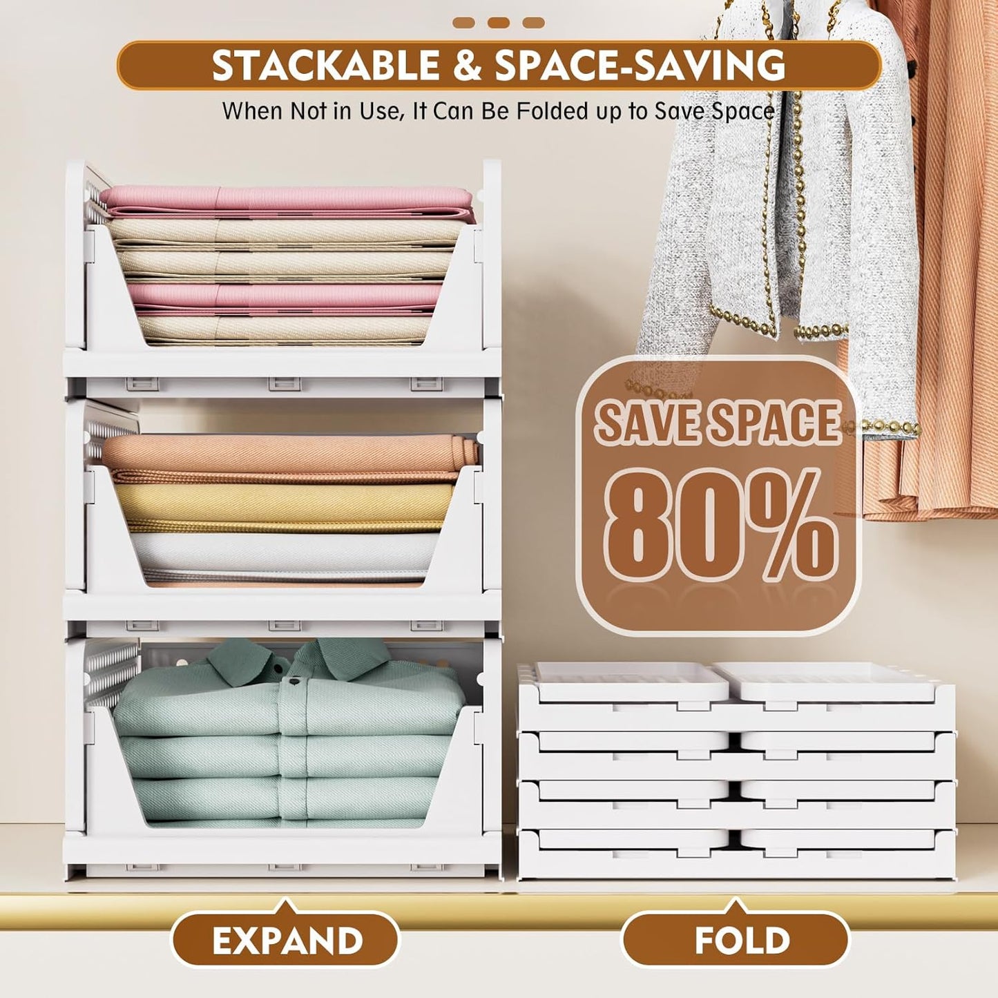 5 Pack Stackable Closet Storage Baskets – Foldable Space-Saving Organizer Drawers – White